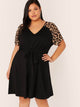 Plus V-neck Leopard Raglan Sleeve Belted Dress