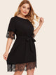 Plus Contrast Eyelash Lace Self Tie Dress