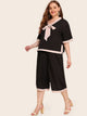 Plus Contrast Binding Tie Neck Blouse & Pants