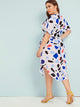 Plus Confetti Print Belted Curved Hem Midi Dress