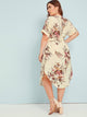 Plus Floral Print Notched Belted Curved Hem Midi Dress