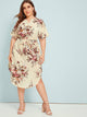 Plus Floral Print Notched Belted Curved Hem Midi Dress