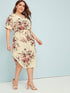 Plus Floral Print Notched Belted Curved Hem Midi Dress