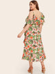 Plus Floral And Tropical Print Ruffle Trim Asymmetrical Neck Dress