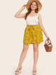 Plus Floral Print Tie Front Asymmetrical Shorts