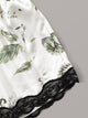 Plus Leaf Print Contrast Lace Satin Lingerie Set