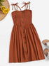 Plus Self Tie Shoulder Button Front Lettuce Frill Shirred Dress