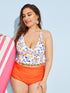 Plus Floral Ruffle Hem Top With Ruched Tankini