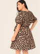 Plus Leopard Print Wrap Belted Flare Dress