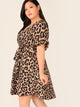 Plus Leopard Print Wrap Belted Flare Dress