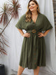 Plus V Neck Button Front Belted Swing Dress