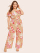 Plus Off Shoulder Plant Print Self Tie Striped Jumpsuit