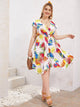 Plus Leaf Print Ruffle Sleeve Hanky Hem Dress