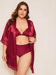 Plus Lace Trim Satin Robe & Belt Without Lingerie Set