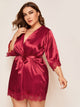 Plus Lace Trim Satin Robe & Belt Without Lingerie Set