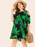 Plus Cold Shoulder Tropical Print Ruffle Hem Dress