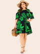 Plus Cold Shoulder Tropical Print Ruffle Hem Dress