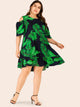 Plus Cold Shoulder Tropical Print Ruffle Hem Dress