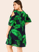 Plus Cold Shoulder Tropical Print Ruffle Hem Dress