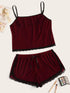 Plus Lace Trim Velvet Pajama Set