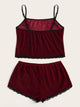 Plus Lace Trim Velvet Pajama Set