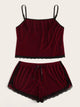 Plus Lace Trim Velvet Pajama Set