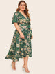 Plus Floral Print Ruffle Hem Wrap Belted Dress