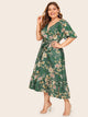 Plus Floral Print Ruffle Hem Wrap Belted Dress