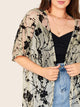 Plus Open Front Floral Sheer Flocked Kimono