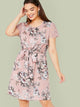 Plus Guipure Lace Sleeve Self Belted Floral Print Dress