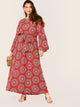  Plus Bell Sleeve Tribal Print Belted Maxi Dress