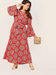  Plus Bell Sleeve Tribal Print Belted Maxi Dress