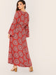  Plus Bell Sleeve Tribal Print Belted Maxi Dress