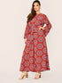  Plus Bell Sleeve Tribal Print Belted Maxi Dress