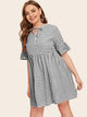 Plus Gingham Print Tie Neck Flounce Sleeve Dress