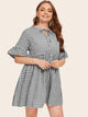 Plus Gingham Print Tie Neck Flounce Sleeve Dress