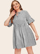 Plus Gingham Print Tie Neck Flounce Sleeve Dress