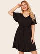  Plus V-neck High Waist Pleated Dress With Belt