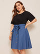 Plus Button Front Belted Denim Dress