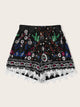 Plus Floral Print Tribal Contrast Lace Shorts