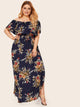 Plus Floral Print Drawstring Waist Off Shoulder Dress