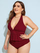 Plus V Neck Ruffle Trim Halter Tankini