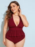 Plus V Neck Ruffle Trim Halter Tankini