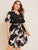 Plus Notch Neck Belted Curved Hem Crane Print Dress