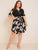 Plus Notch Neck Belted Curved Hem Crane Print Dress