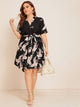 Plus Notch Neck Belted Curved Hem Crane Print Dress