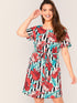 Plus Striped & Tropical Print Belted Dress