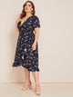 Plus V-neck Ditsy Floral Print Ruffle Hem Dress