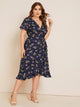 Plus V-neck Ditsy Floral Print Ruffle Hem Dress