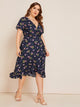 Plus V-neck Ditsy Floral Print Ruffle Hem Dress